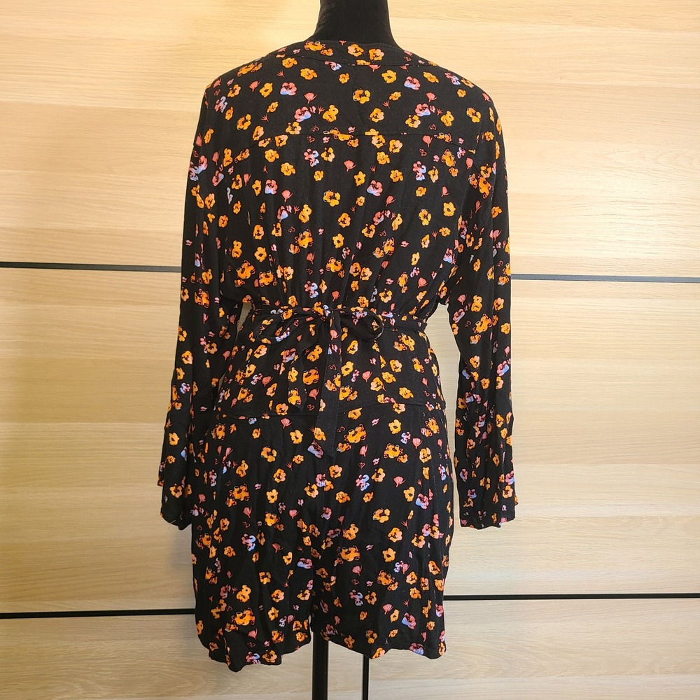 Free People Romper Womens 12 Black Floral Button Front Long Sleeve V-Neck - Picture 5 of 16